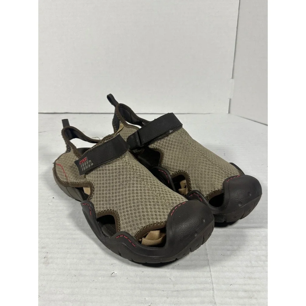 Crocs Swiftwater Mens 11 Fisherman Sandals Khaki Brown Mesh Water Shoes 15041